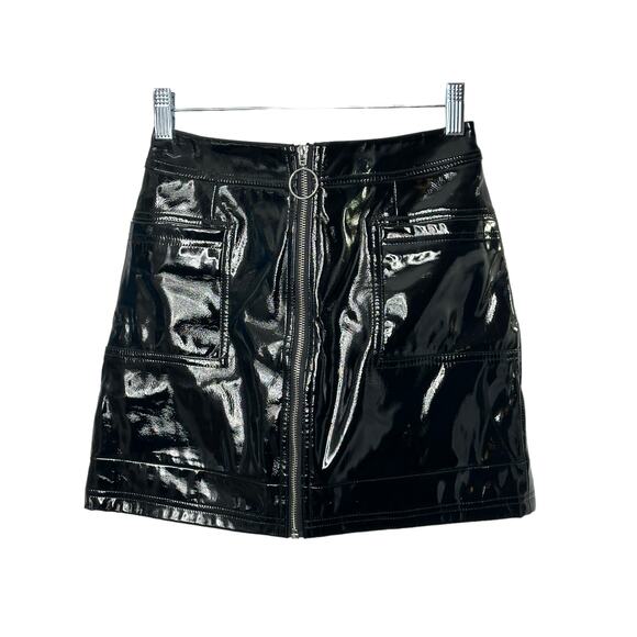 Topshop Black Vinyl Shiny Faux Patent Leather Full Zip Mini Skirt US Sz 2 NEW - Picture 1 of 7